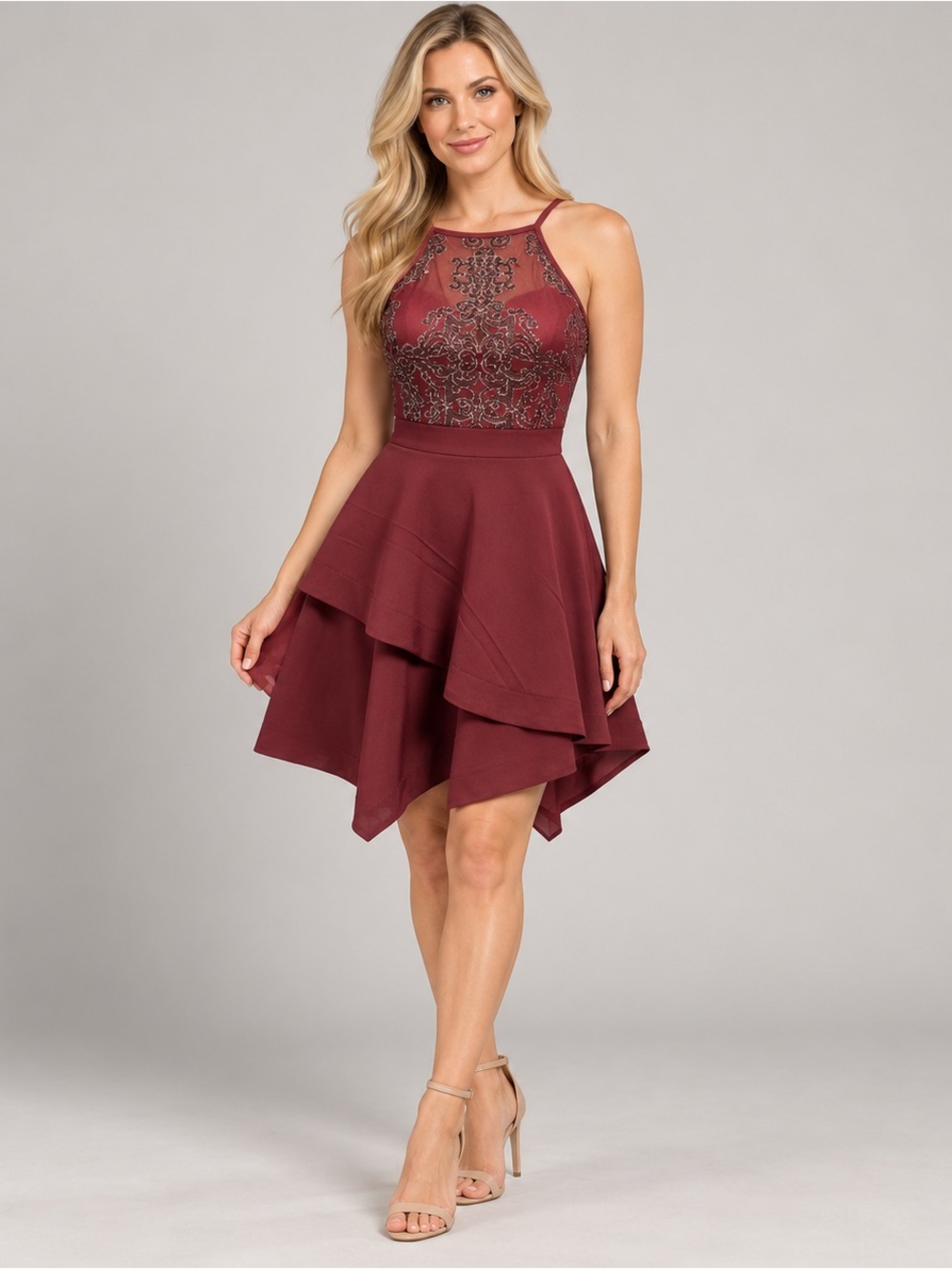 Speechless Wine Halter High-Low Embroidered Dress